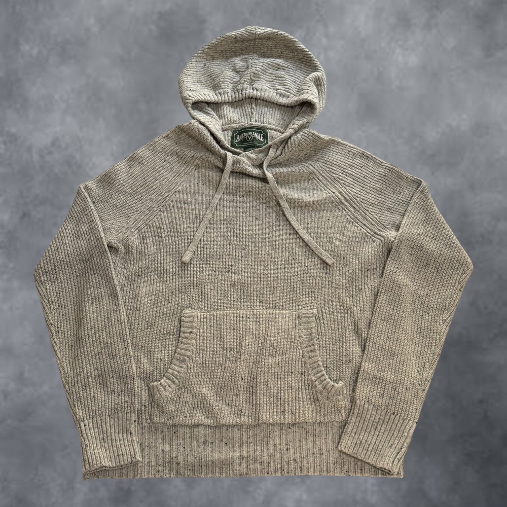 American Eagle Men Small Beige Speckled Knit Hoodie Sweater Raglan Ribbed Cotton